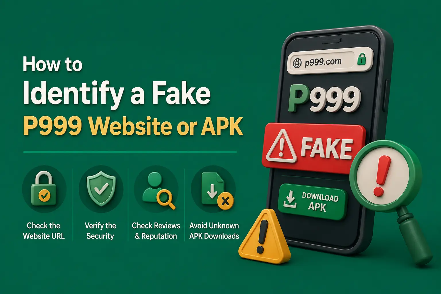A phone showing a download page flagged FAKE, beside checks for the URL, security, reviews and unknown downloads
