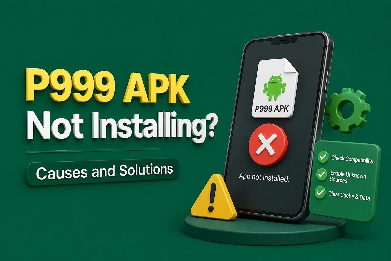 A phone showing an app-not-installed error beside fixes for compatibility, unknown sources and clearing the cache