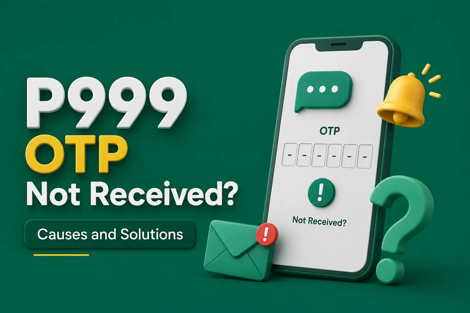 A phone showing an empty one-time-code field beside a notification bell, an envelope and a question mark