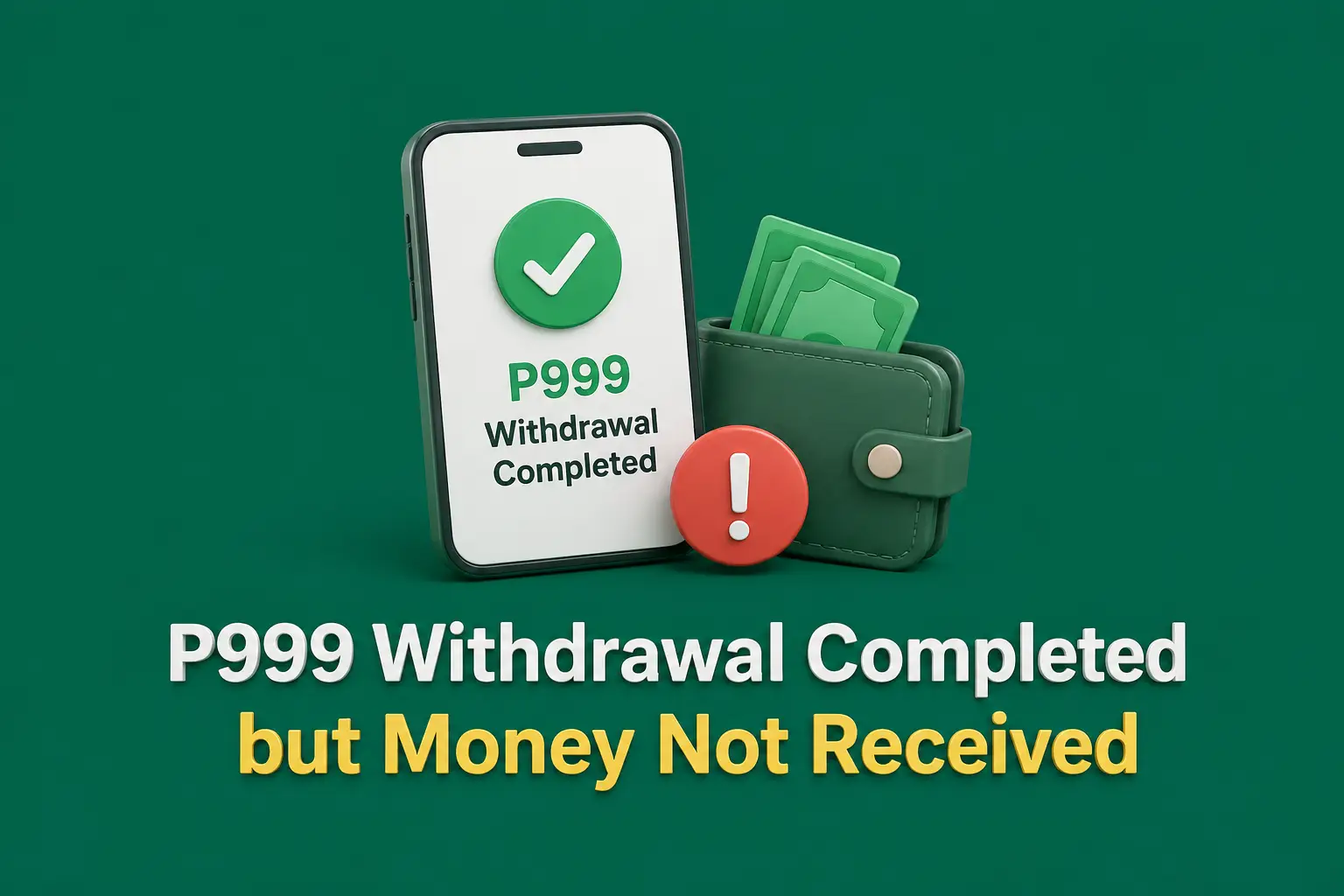 A phone confirming a completed withdrawal beside a wallet of banknotes and a red alert badge