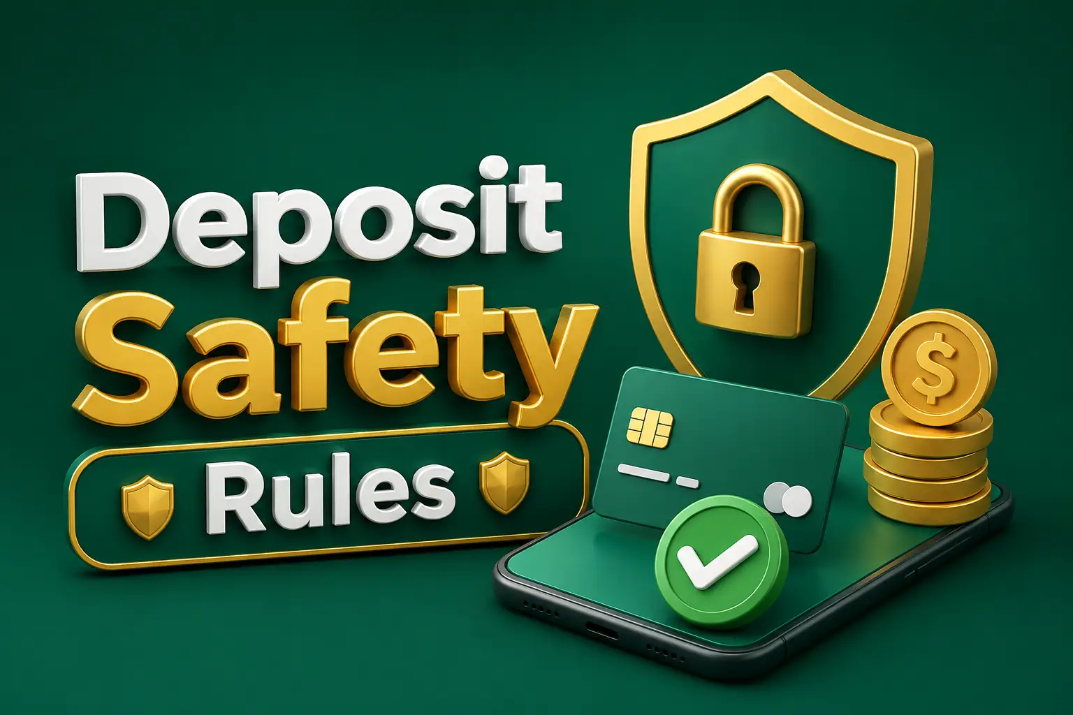 Deposit safety rules A padlocked shield above a bank card marked with a green check, beside a stack of gold coins