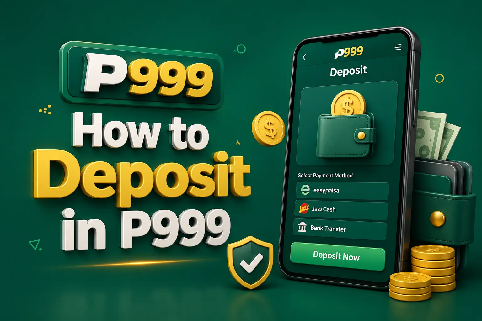 Making a deposit A phone showing the deposit screen with a payment method selected and a deposit button, beside a wallet and banknotes