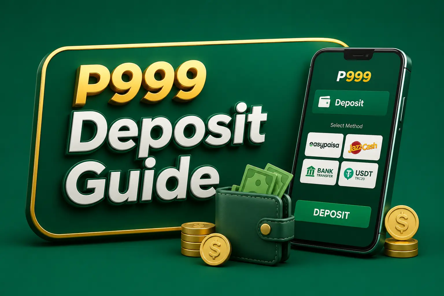 P999 deposit guide A phone showing deposit methods including Easypaisa, JazzCash, bank transfer and USDT, beside a wallet and coins