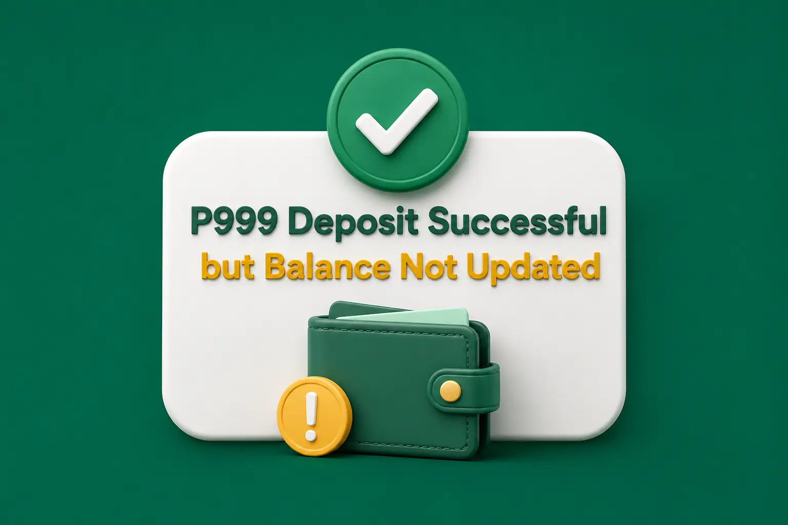 Deposit not credited A receipt card marked with a green check beside a wallet carrying an amber warning badge