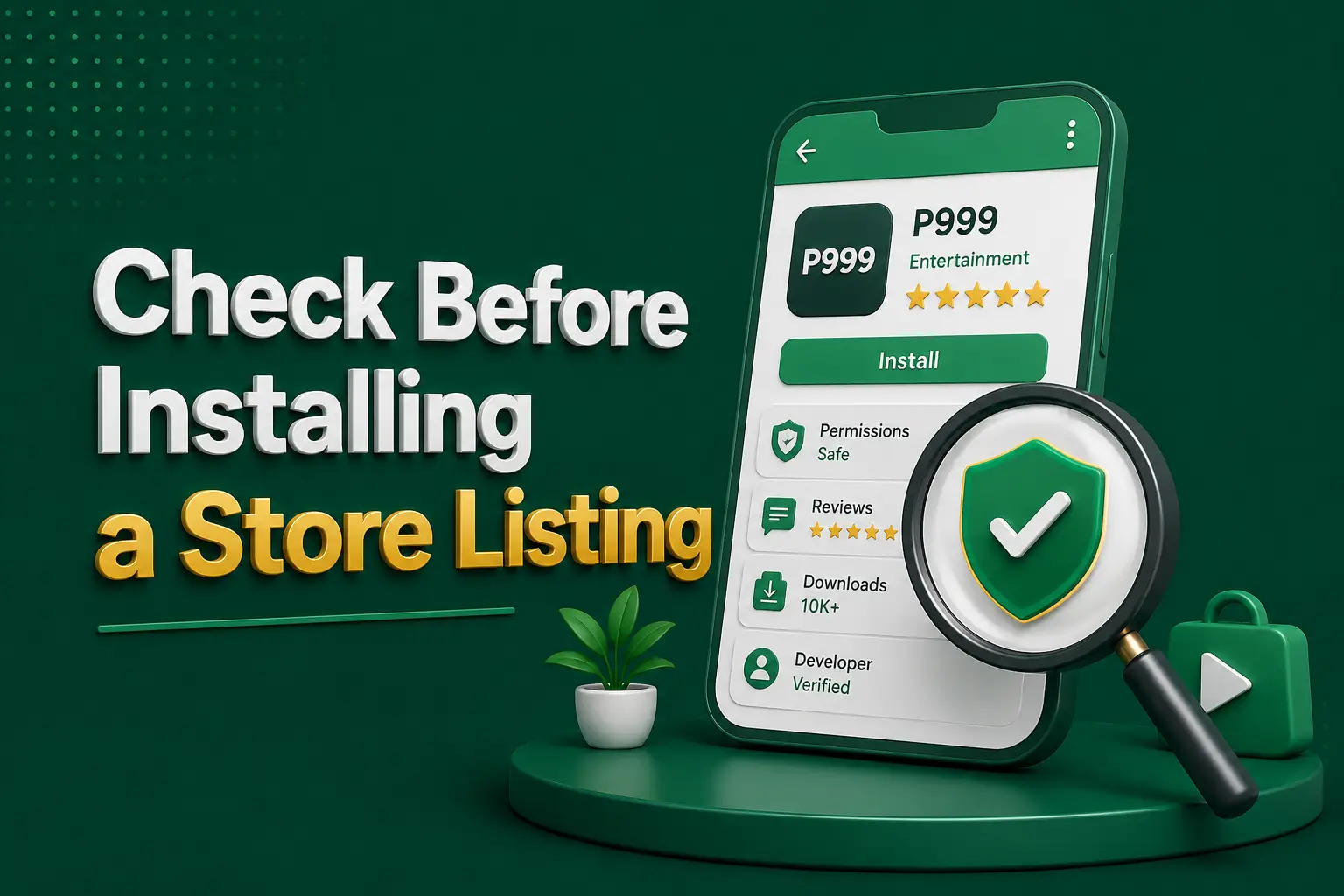 An app store listing under a magnifier, showing ratings, permissions, reviews, downloads and a verified developer