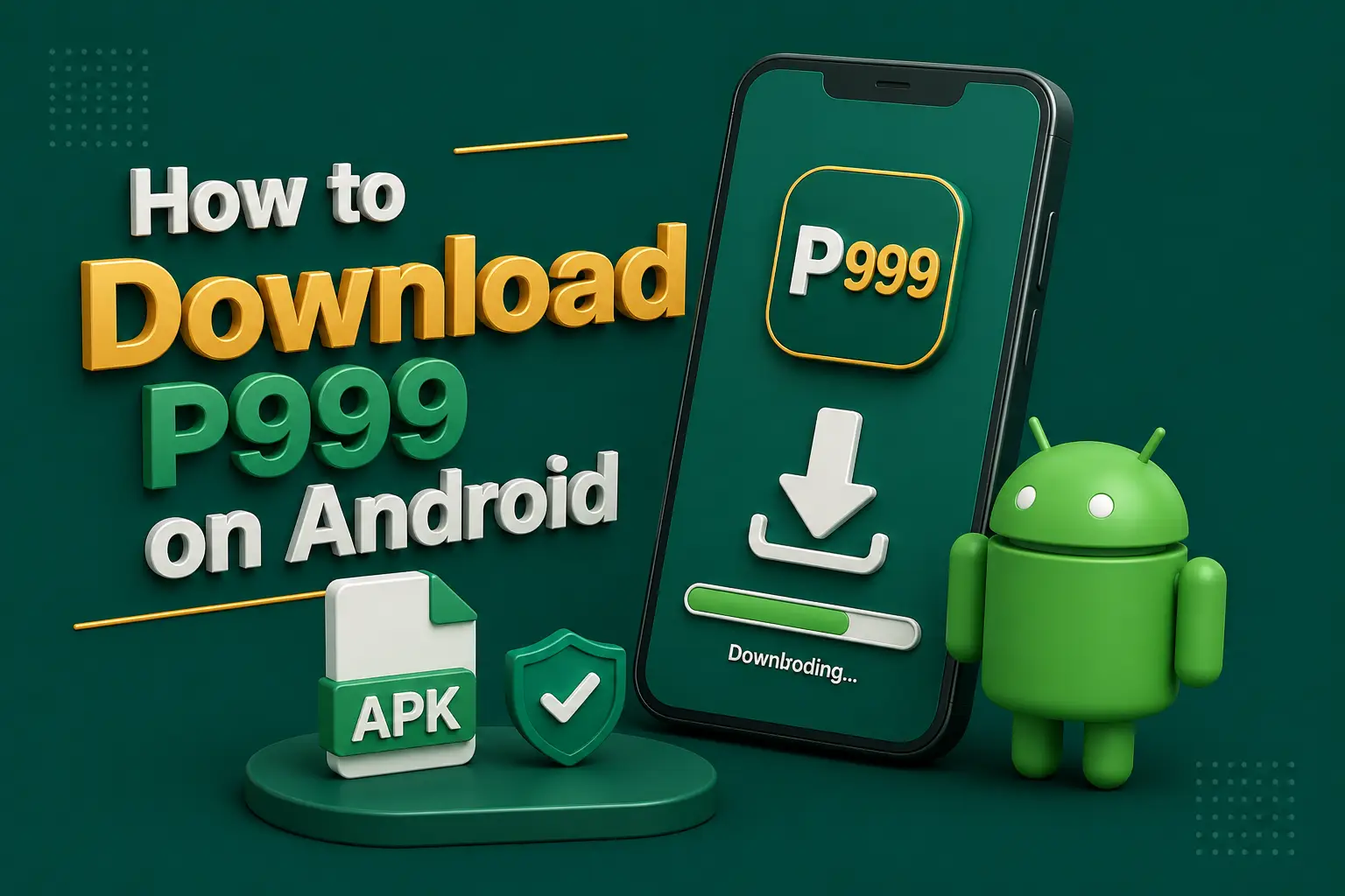 A phone showing a download in progress beside an APK file marked with a green check and the Android robot