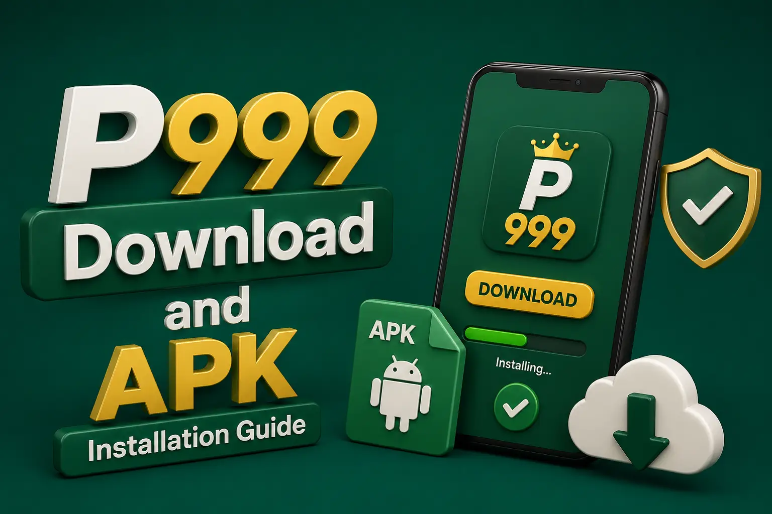 A phone with a download button beside an APK file icon, the Android robot and a verified shield