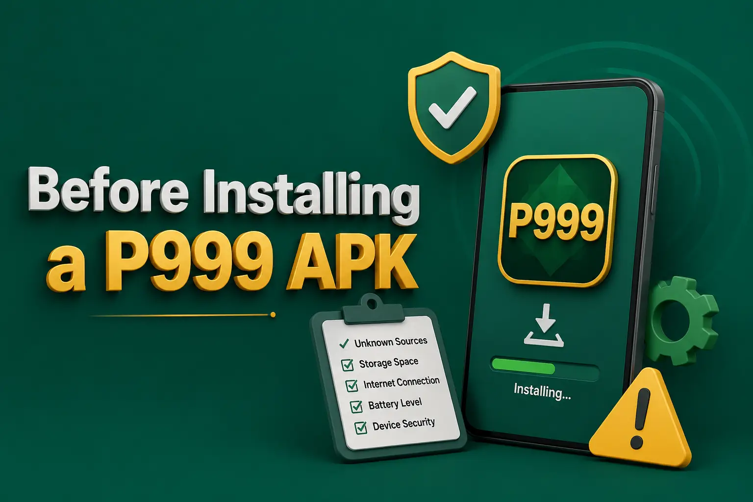 A phone part-way through installing the P999 app beside a pre-install checklist and a warning triangle