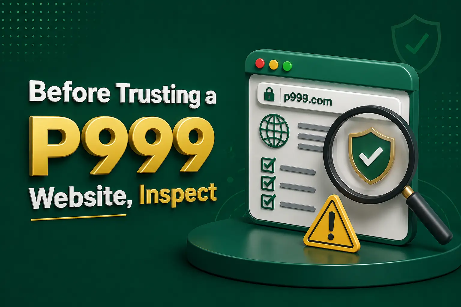 A browser window with a padlocked address bar under a magnifier, beside a checklist and a warning triangle