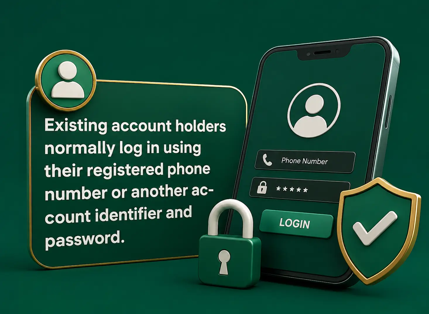 A P999 login screen asking for a phone number and password, beside a padlock and a verified shield