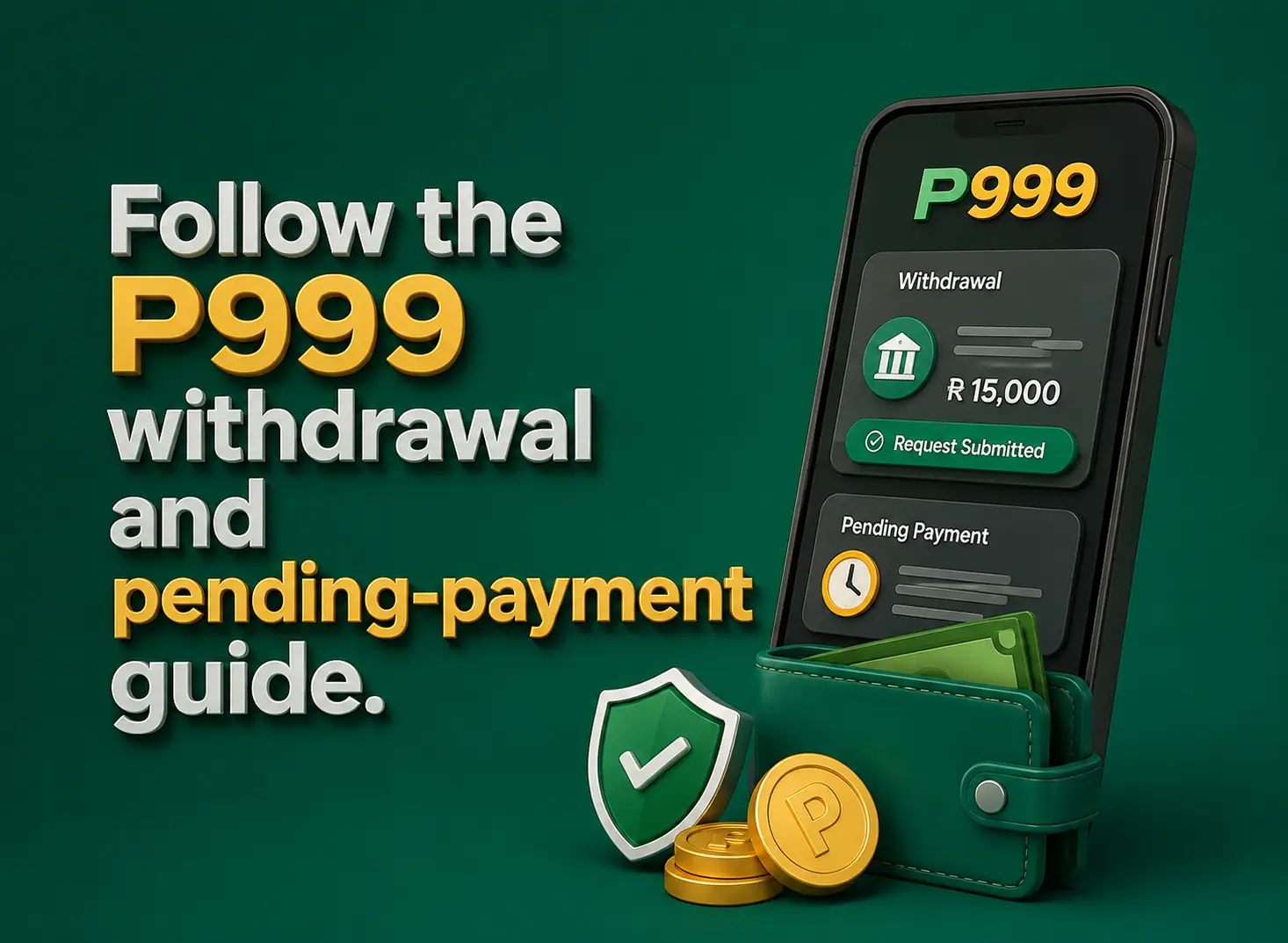 A phone showing a submitted withdrawal request and a pending payment, beside a wallet and gold coins