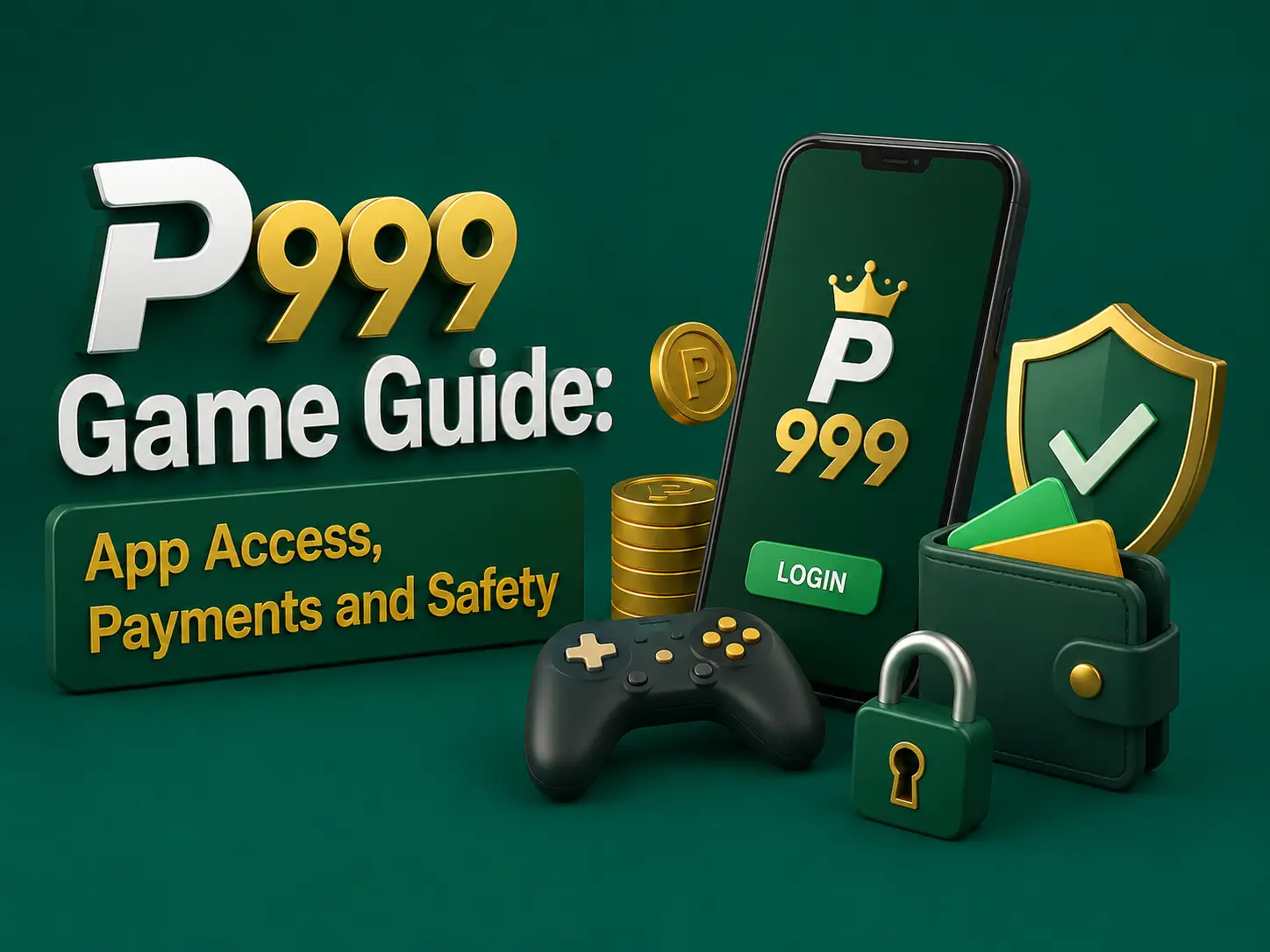 P999 Game Guide artwork: a phone running the app beside a gamepad, gold coins, a wallet and a security shield