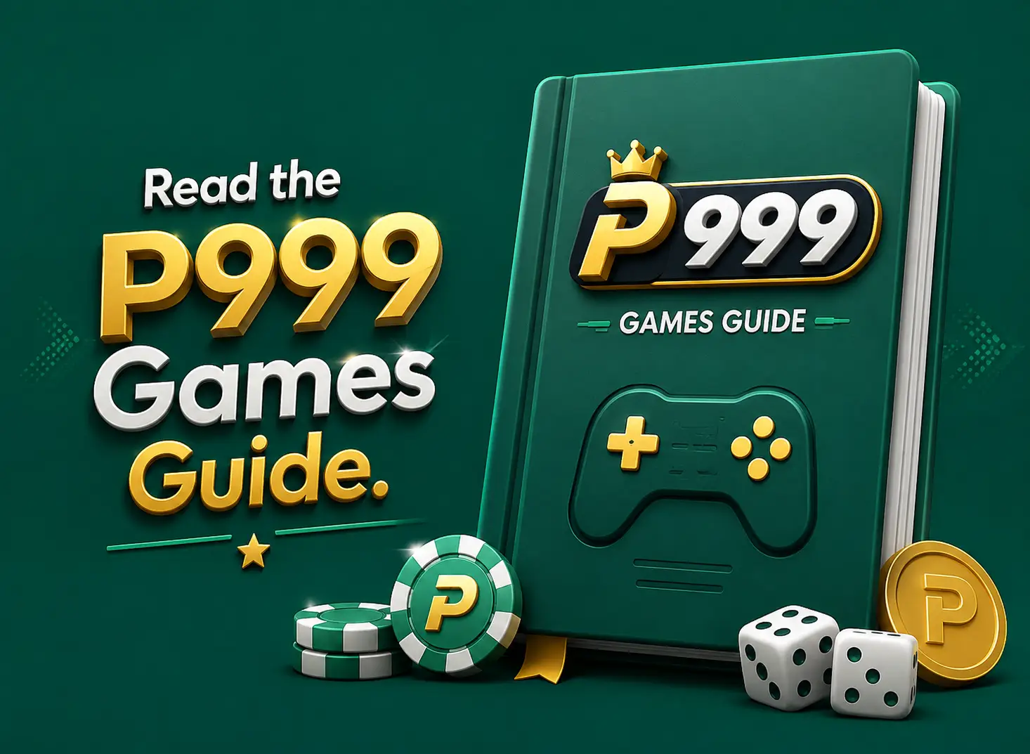A closed book titled P999 Games Guide beside a gamepad, casino chips and dice