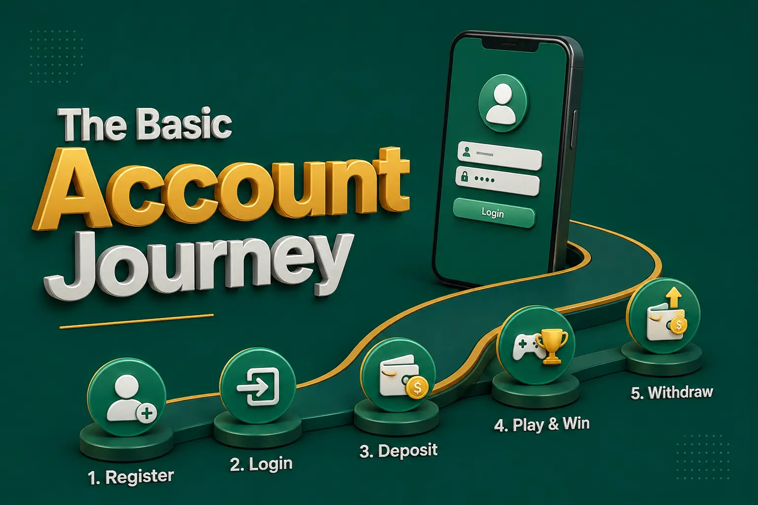 A five-step path from register to login, deposit, play and withdraw, running past a P999 sign-in screen