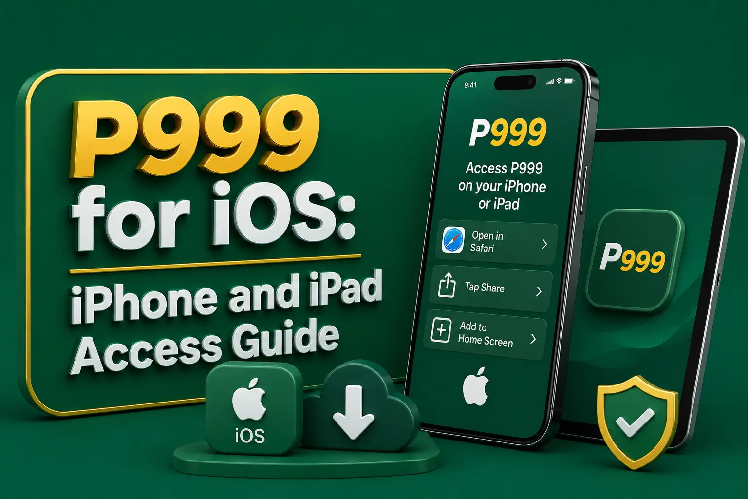 P999 on iPhone and iPad An iPhone and iPad showing P999 open in Safari with an add-to-home-screen option, beside an iOS badge