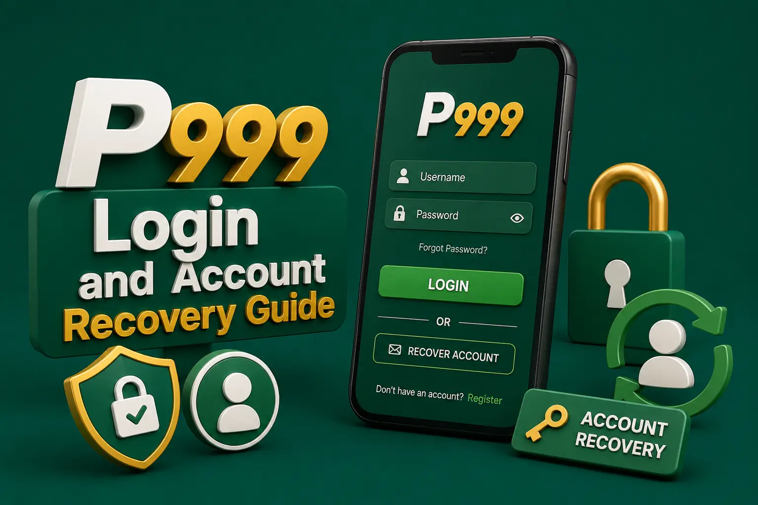 Login and account recovery A P999 sign-in form with a recover-account option, beside a padlock and an account-recovery key