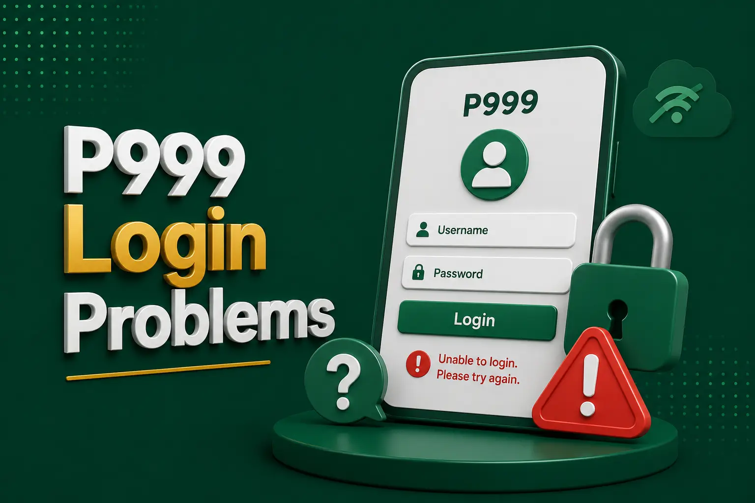 Login problems A sign-in screen showing an unable-to-login error, beside a question mark and a red warning triangle