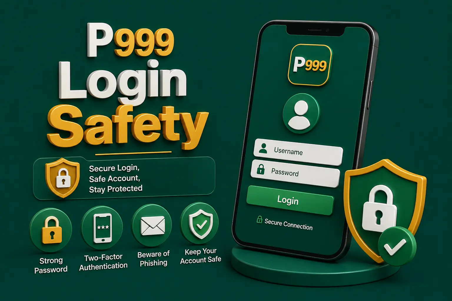 Login safety A secure sign-in screen beside four safeguards: a strong password, two-factor authentication, phishing care and more