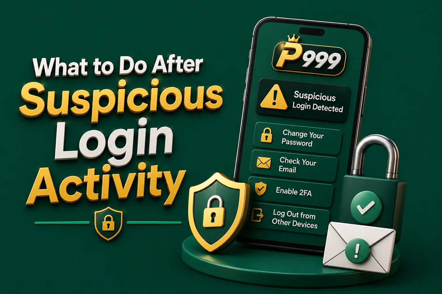 After suspicious activity A phone listing four steps: change your password, check your email, enable 2FA and log out from other devices