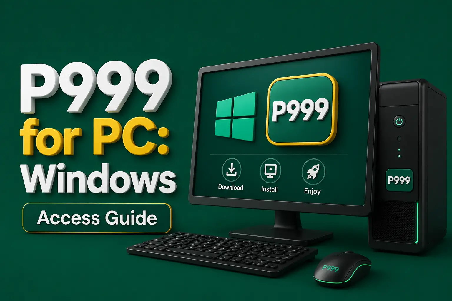P999 on Windows A desktop monitor showing P999 with download, install and play steps, beside a tower, keyboard and mouse