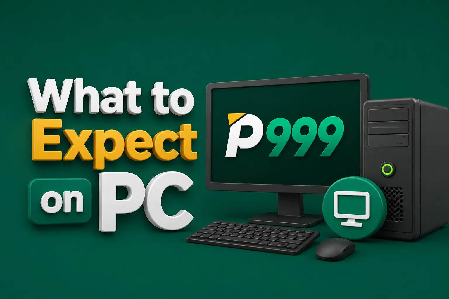 What to expect on PC A desktop monitor showing the P999 wordmark beside a tower, keyboard, mouse and a display badge