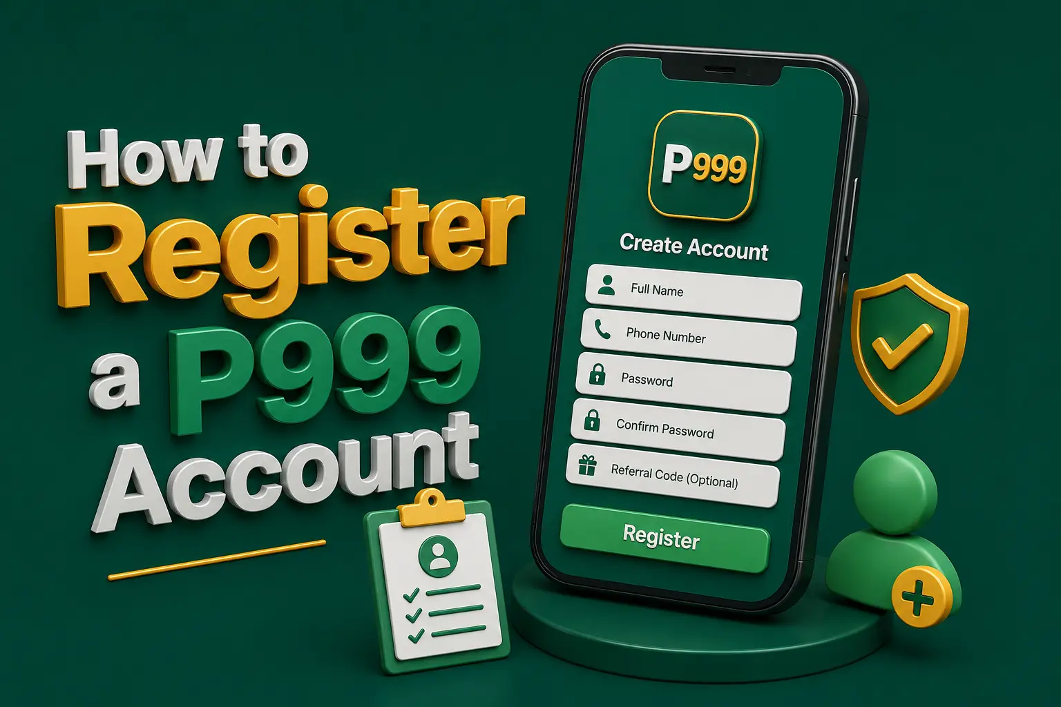 Registering an account A phone showing the P999 create-account form beside a completed checklist and a verified shield