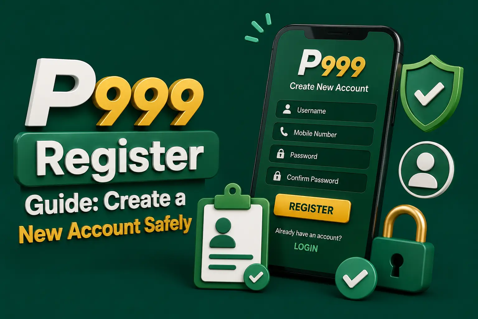 P999 register guide A create-account form asking for username, mobile number and password, beside an ID card and a padlock
