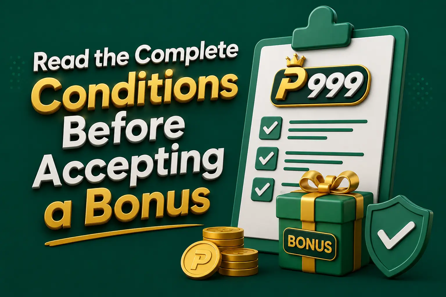 Bonus conditions A terms checklist beside a wrapped bonus gift box, gold coins and a verified shield