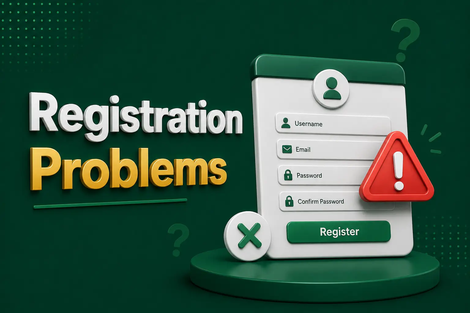 Registration problems A failed sign-up form marked with a red warning triangle and a cross