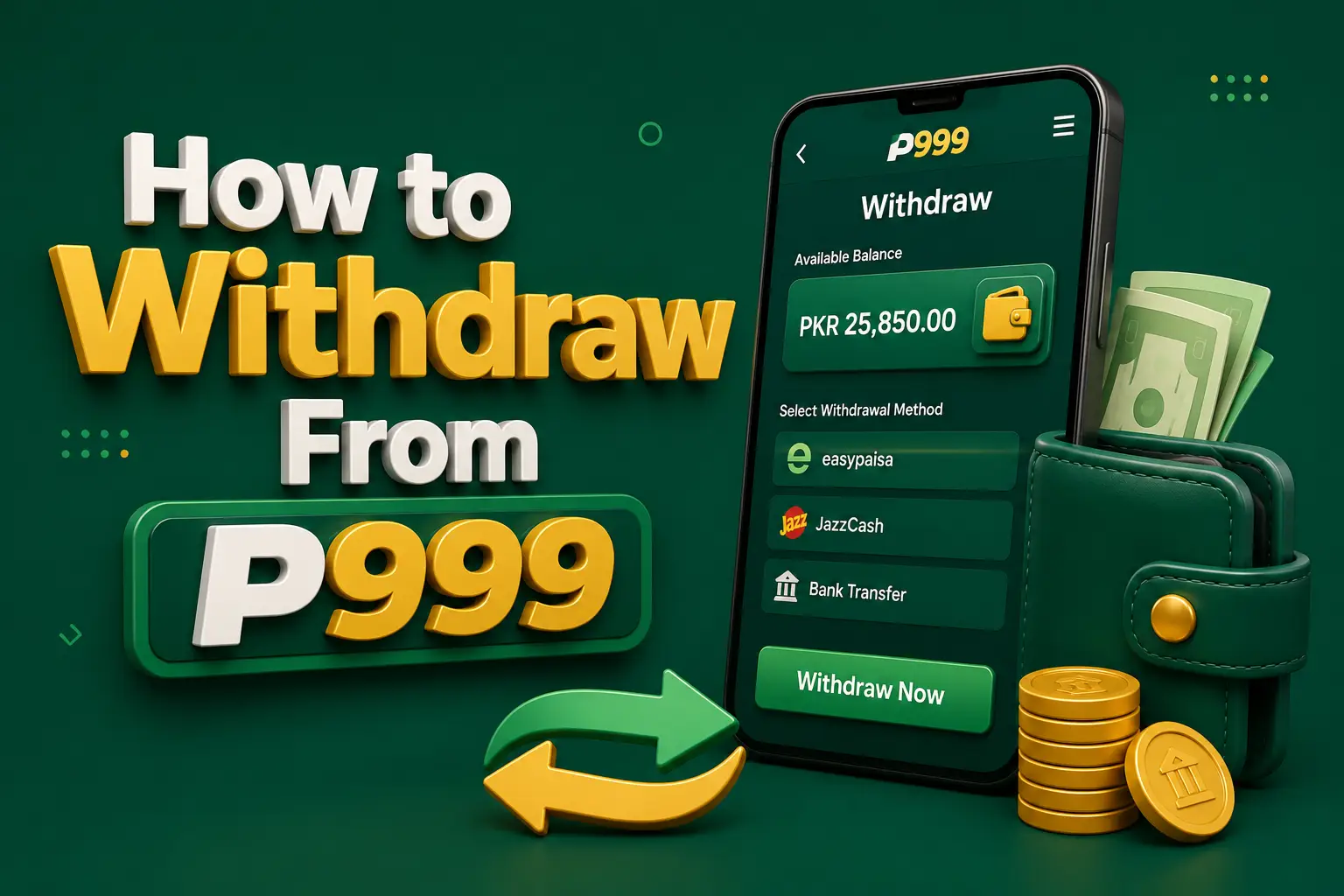 Making a withdrawal A phone showing an available balance with withdrawal methods and a withdraw button, beside a wallet and gold coins