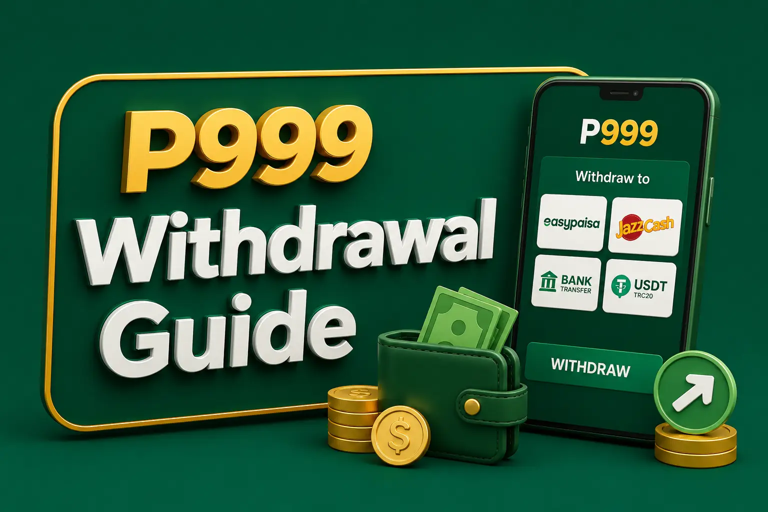 P999 withdrawal guide A phone showing withdrawal destinations including Easypaisa, JazzCash, bank transfer and USDT, beside a wallet and coins