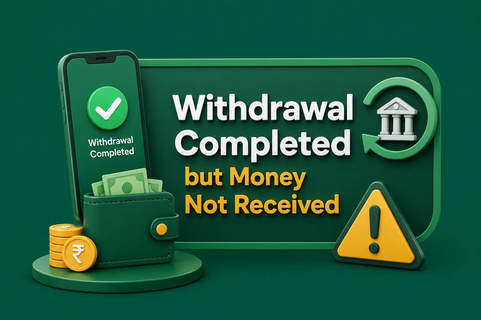 Completed but not received A phone confirming a completed withdrawal beside a wallet of banknotes and an amber warning triangle