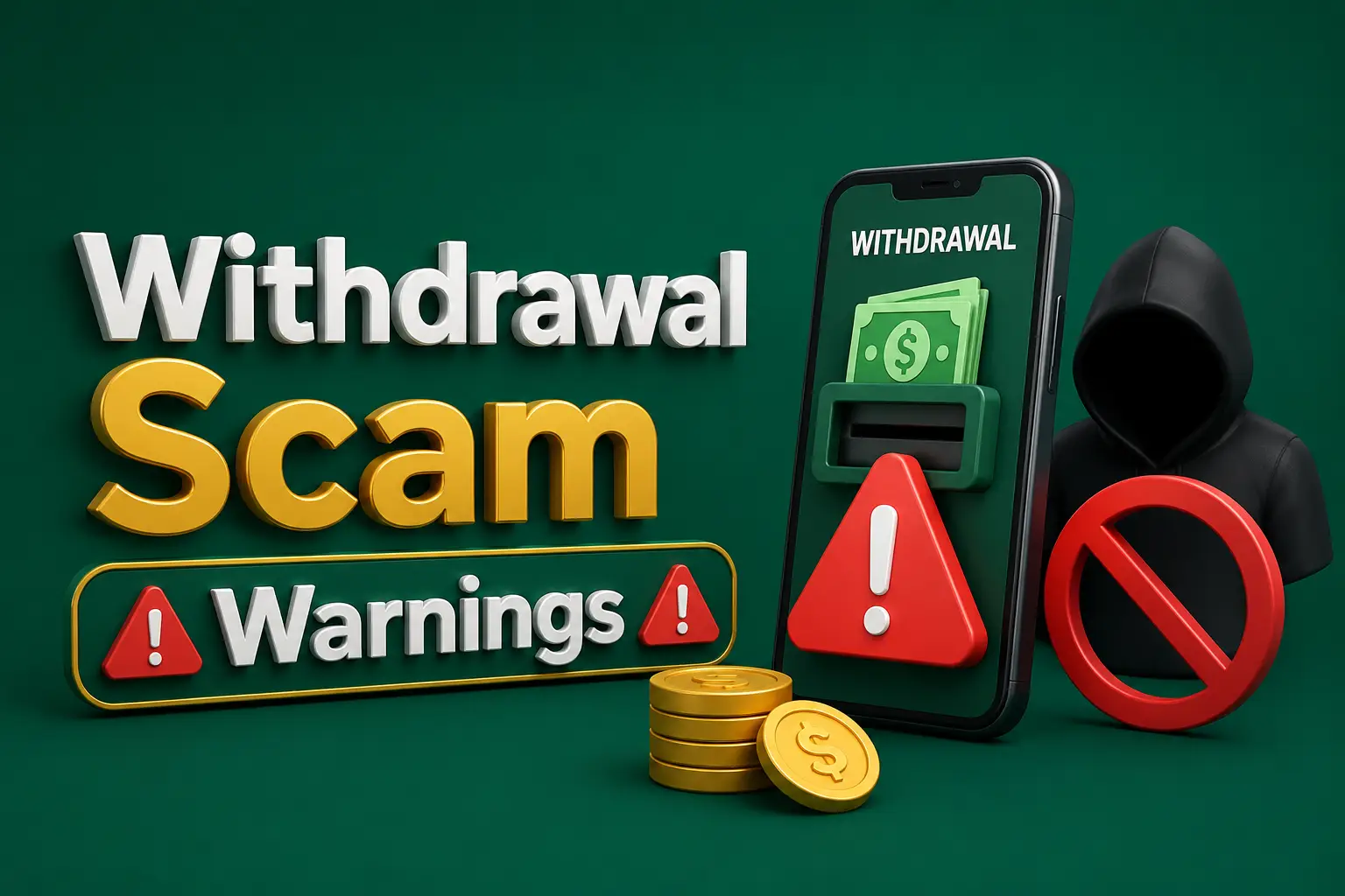 Withdrawal scam warnings A hooded figure behind a phone dispensing banknotes, marked with a red warning triangle and a prohibition sign